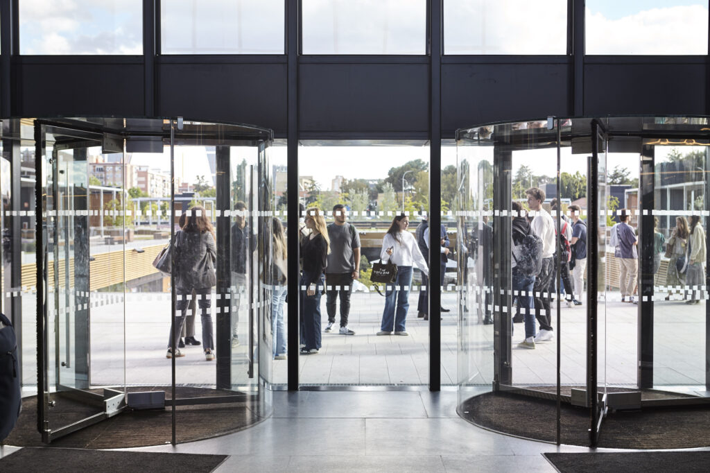 Campus doors with students