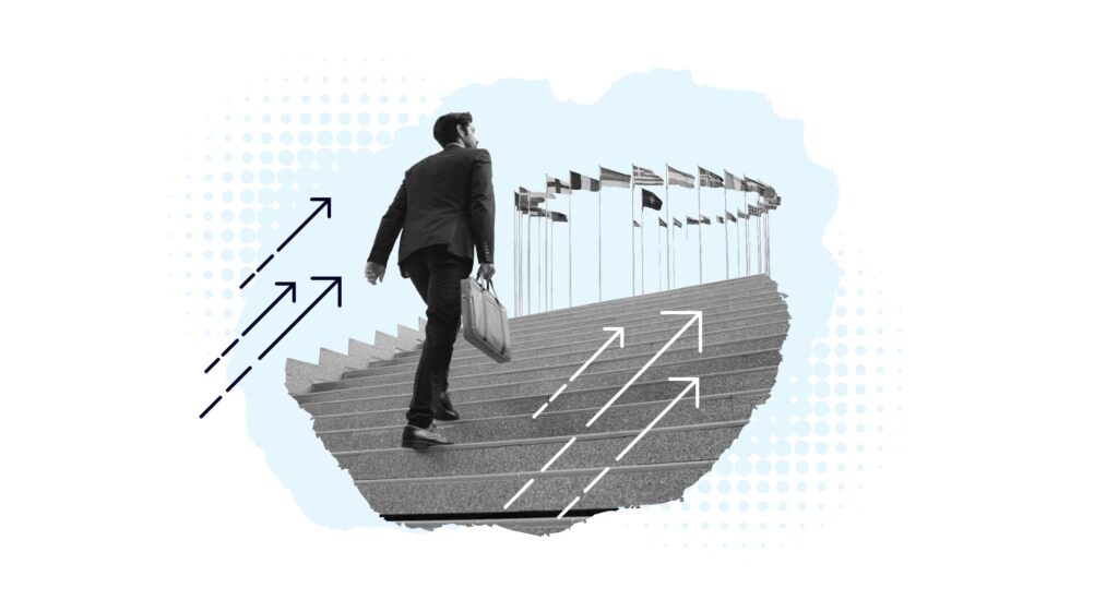 Man walking up stairs to work at NATO