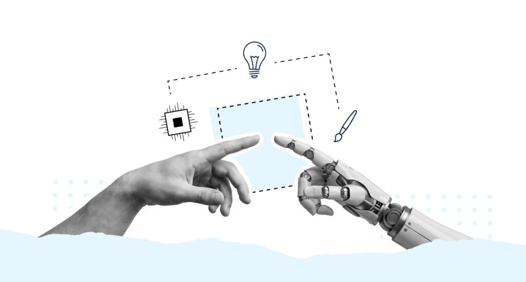 Human hand and robotic hand represent creative careers after AI